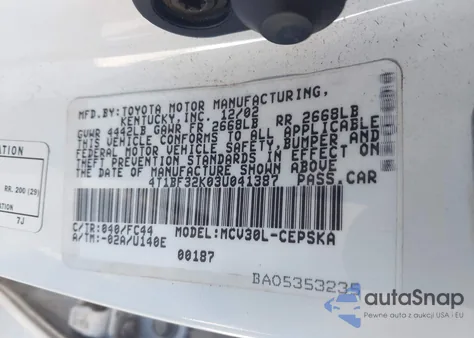 2003 Toyota Camry Se V6 z USA, uszkodzony, nr VIN 4T1BF32K03U041387